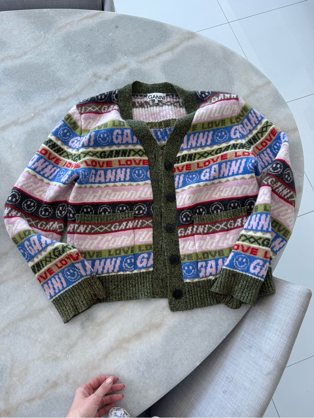 Ganni Multicolor Logo & Smiley Knit Cardigan with Olive Trim